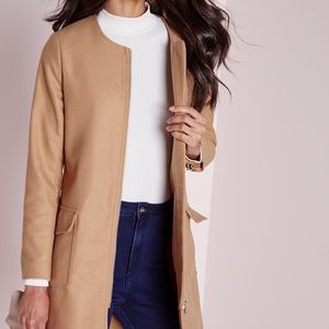 Collarless Zip Wool Jacket Camel